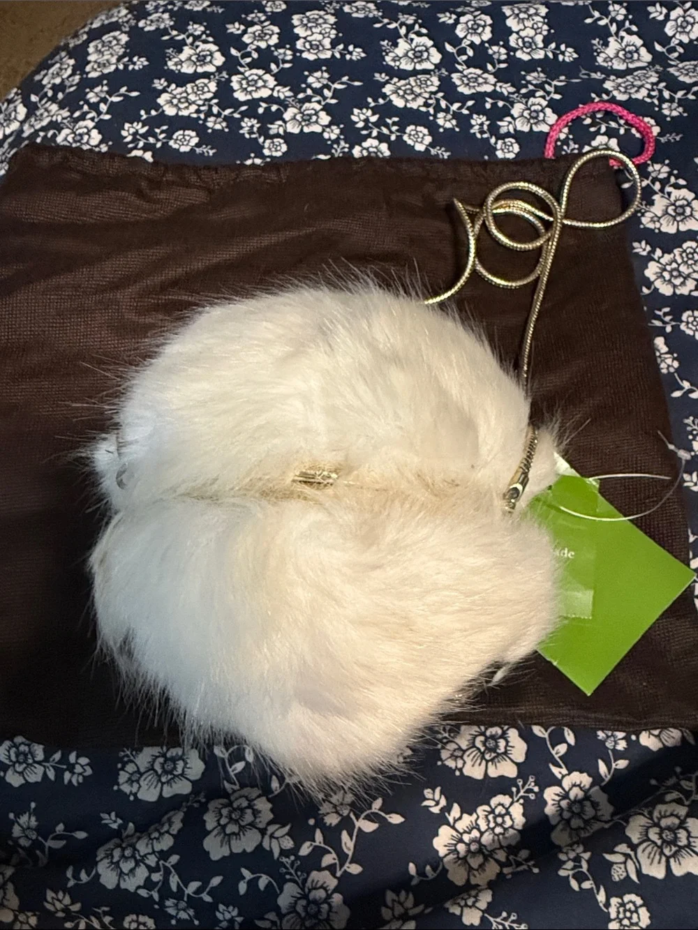 kate spade White Faux-Fur Pom Keychain with Gold Eye Accents